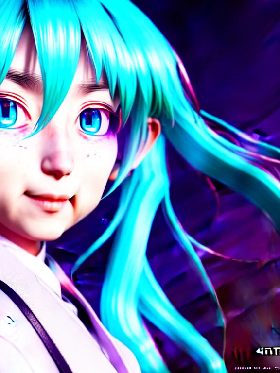 Image similar to portrait art of hatsune miku 8 k ultra realistic, lens flare, atmosphere, glow, detailed, intricate, full of colour, cinematic lighting, trending on artstation, 4 k, matte, hyperrealistic, focused, extreme details, unreal engine 5, cinematic, masterpiece