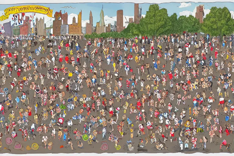 Prompt: an elaborate penned child illustration of a convention of waldo's in new york city and central park, where's wally, where's waldo, by martin hand ford and by jan van haasteren