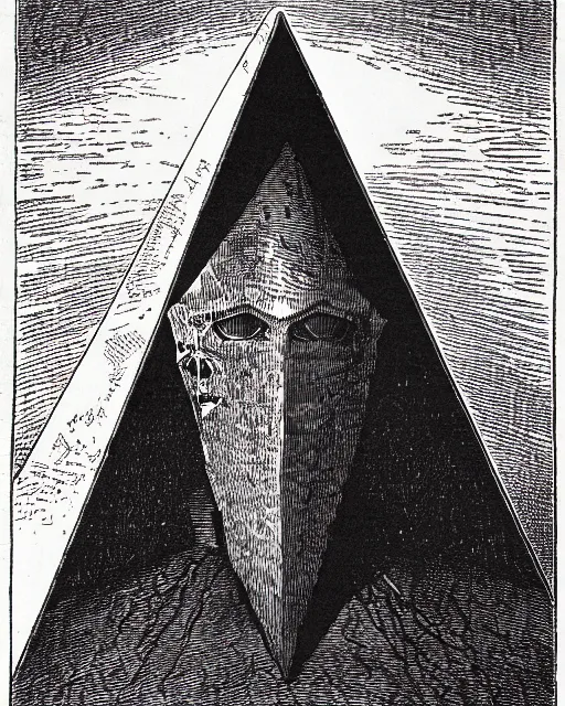 Image similar to illustration of pyramidhead from the dictionarre infernal, etching by louis le breton, 1 8 6 9, 1 2 0 0 dpi scan