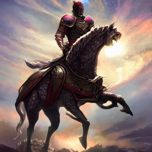 Prompt: knight on horser armor cosmos, world fantasy beautiful, auroral lights, realistic artstation