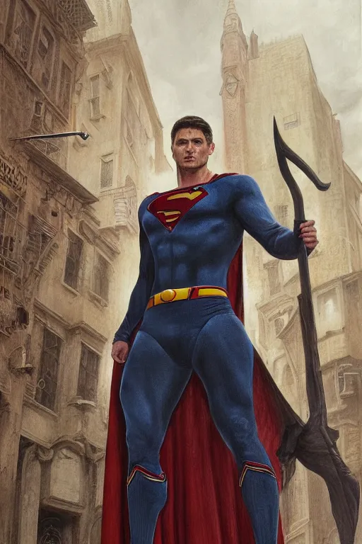 Image similar to a detailed matte portrait of an jensen ackles in dressed as superman, detailed face, very large longsword leaning against the side of a tavern, city streets, masterpiece, 8 k, art by donato giancola and greg rutkowski and wayne barlow and zdzisław beksinski