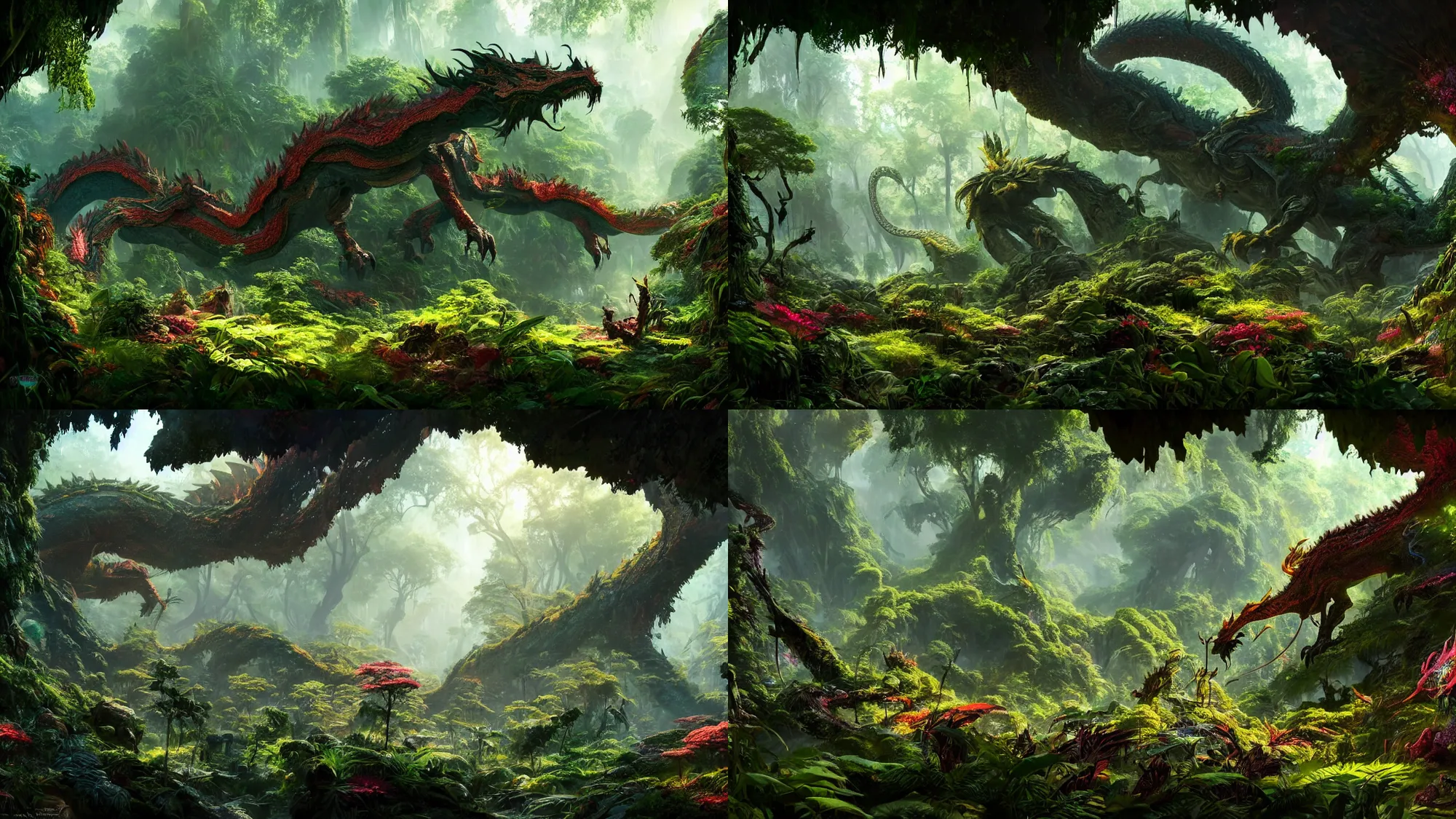 Prompt: an overgrown forest, in the foreground is a big dragon, full of glowing plants and vividly colored flowers, with warm light dappled through the leaves, and a vine-covered cave entrance in shadow, Wadim Kashin, in Peter Elson color scheme, featured in artstation, octane render, cinematic, elegant, intricate, 8k