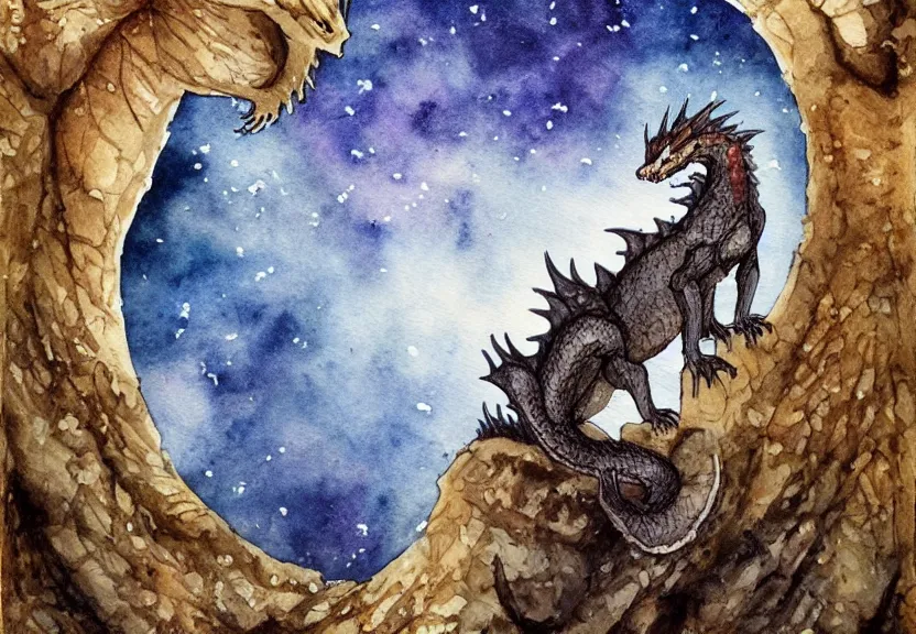 Prompt: possum dragon at a medieval castle under a dark starred sky, dark fantasy, watercolor, dreaming illusion, highly detailed, 4k, trending on Artstation, award-winning