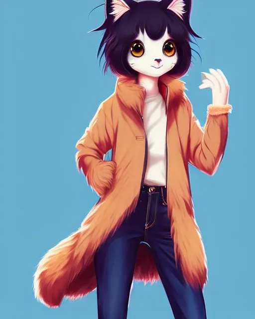 Prompt: fullbody portrait of anthropomorphic half - cat fluffy cute anime character with paws wearing jeans and coat, concept art, anime art, by a - 1 picture, trending on artstation artgerm, ross tran, wlop, marc davis, ilya kuvshinov, katsuhiro