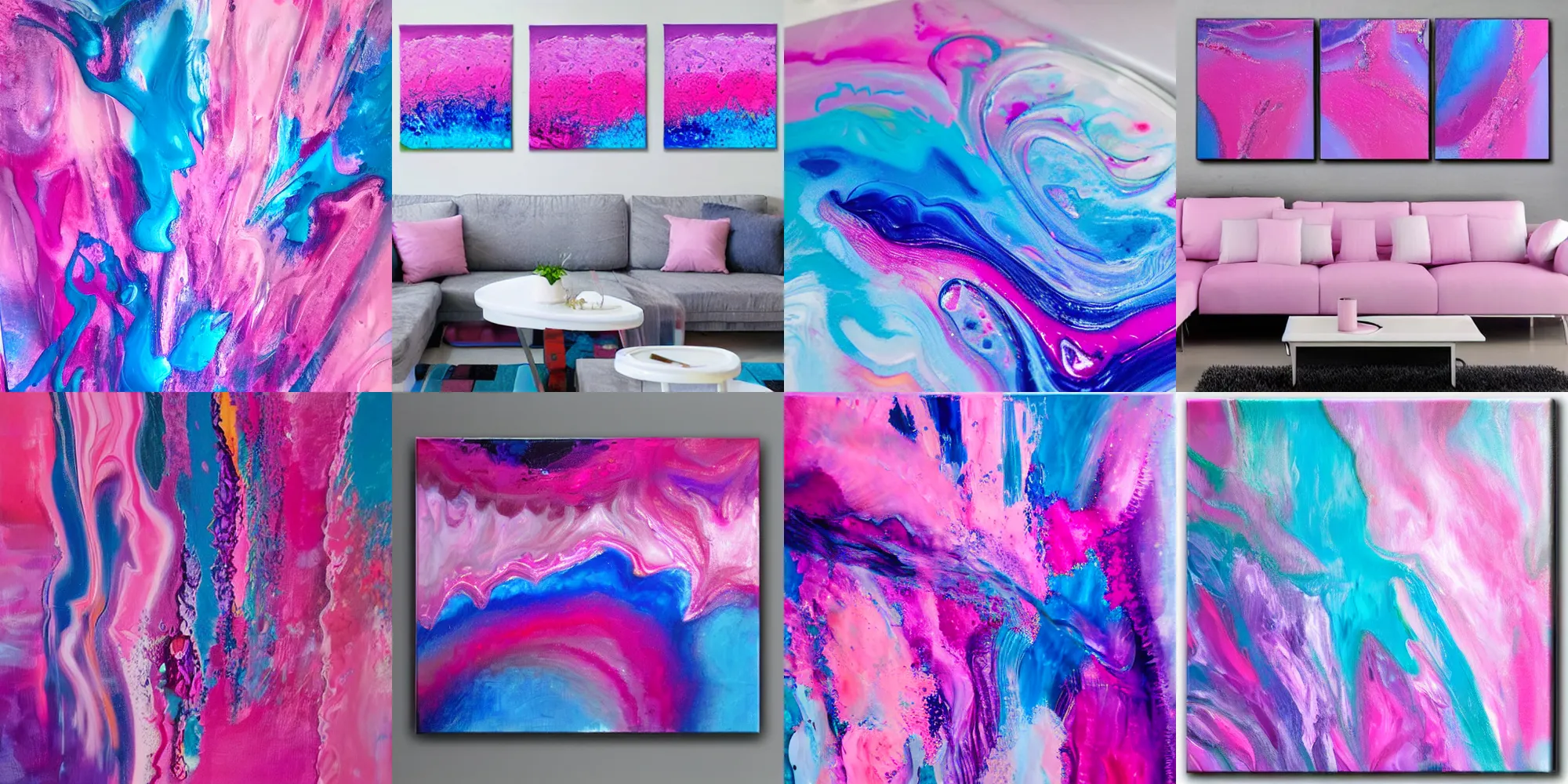 Prompt: Abstract acrylic pouring in pink, blue and violet colours