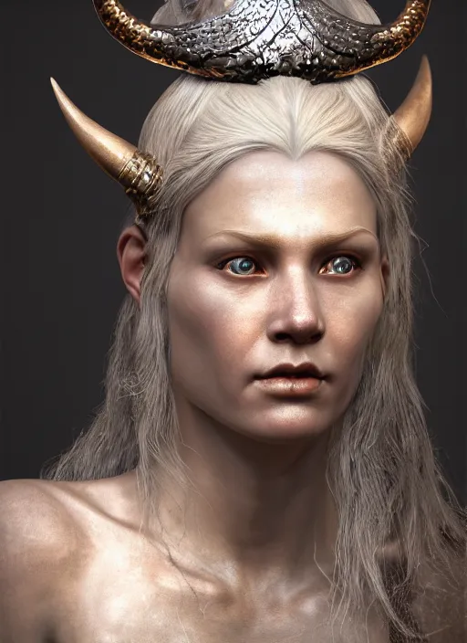 Image similar to hyperrealistic mixed media portrait of a beautiful viking woman, stunning 3d render inspired art by Michael Parkes and Boris Vallejo + perfect facial symmetry + dim volumetric lighting, 8k octane beautifully detailed render, post-processing, extremely hyperdetailed, intricate, epic composition, grim yet sparkling atmosphere, cinematic lighting + masterpiece, trending on artstation