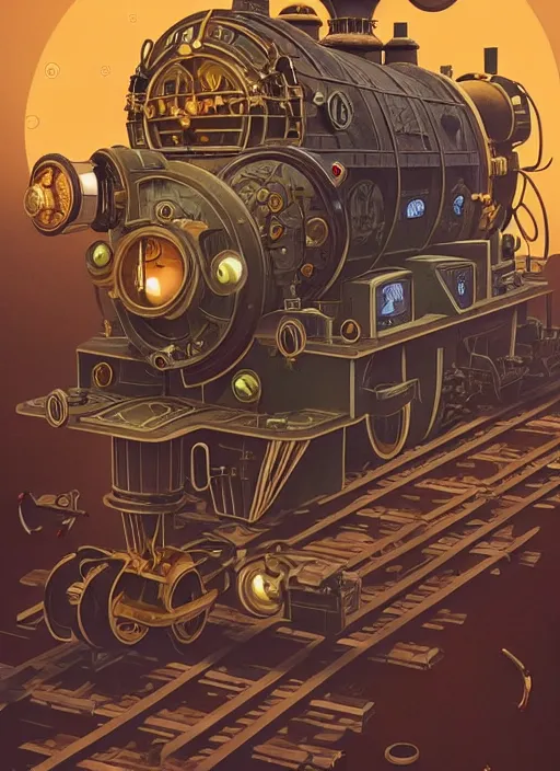 Image similar to a steampunk train by paolo eleuteri serpieri and tomer hanuka and chesley bonestell and daniel merriam and tomokazu matsuyama, unreal engine, high resolution render, featured on artstation, octane, 8 k, highly intricate details, vivid colors, vector illustration