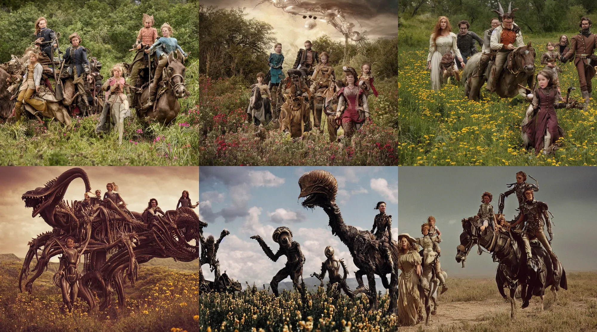 Prompt: 35mm still from a sci fi blockbuster movie made in 2022, set in 1860, of a family riding on the back of alien creatures, on an alien planet, across the alien landscape that is full of strange wild alien plants and flowers, family are wearing 1850s era clothes, good lighting, 8k, in focus faces, good quality photography, oscar winner