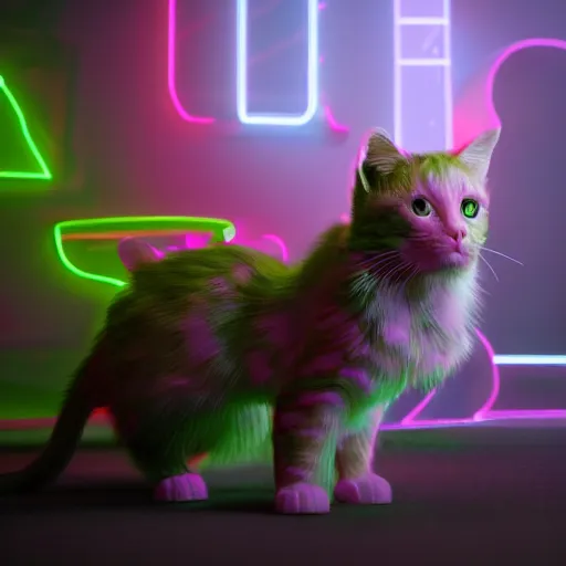 Prompt: fluorescent and iridescent, neon kittens cyperpunk 2 0 7 7, unreal engine 5, 8 k ultra realistic, hyperdetailed, volumetric lighting, extremely high quality
