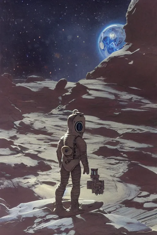 Image similar to an epic painting of a futuristic astronaut standing on an airless icy planet in the endless starry night of space, detailed, soft focus, brilliant, 4k, 8k, HD, trending on artstation, art by Frank Frazetta and Moebius