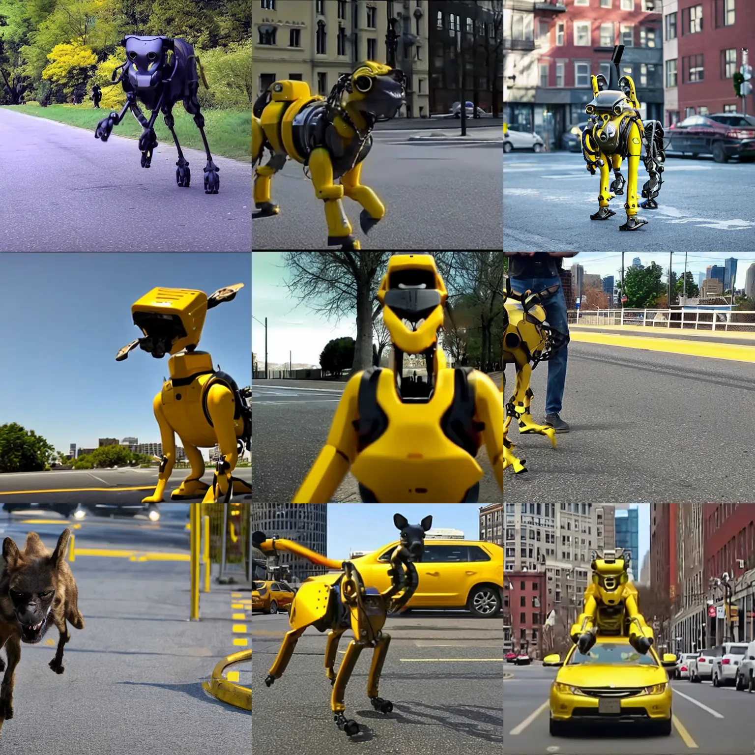 Prompt: promotional video, boston dynamics spot chasing a car, yellow