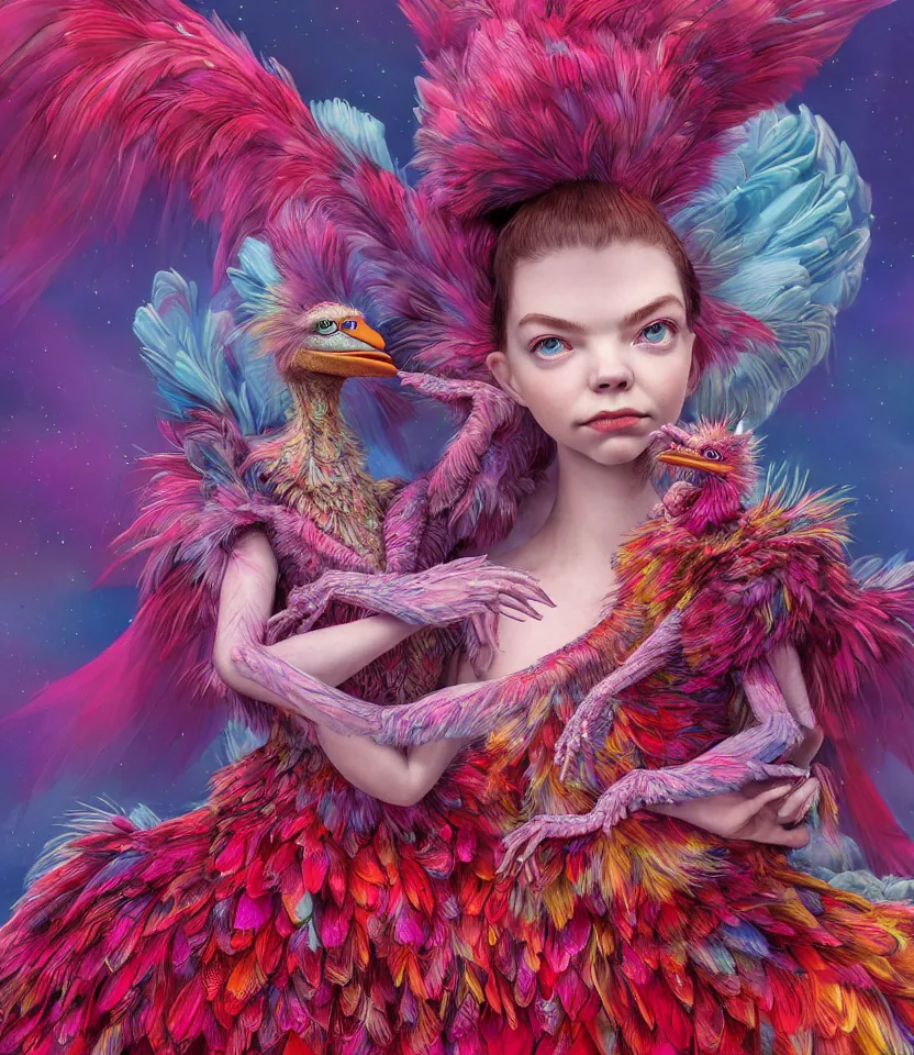 Image similar to hyper detailed 3d render like a Oil painting - kawaii portrait of two Aurora (a beautiful girl skeksis muppet fae princess protective playful expressive acrobatic from dark crystal that looks like Anya Taylor-Joy) seen red carpet photoshoot in UVIVF posing in feather dress to Eat of the Strangling network of yellowcake aerochrome and milky Fruit and His delicate Hands hold of gossamer polyp blossoms bring iridescent fungal flowers whose spores black the foolish stars by Jacek Yerka, Ilya Kuvshinov, Mariusz Lewandowski, Houdini algorithmic generative render, golen ratio, Abstract brush strokes, Masterpiece, Edward Hopper and James Gilleard, Zdzislaw Beksinski, Mark Ryden, Wolfgang Lettl, hints of Yayoi Kasuma and Dr. Seuss, octane render, 8k