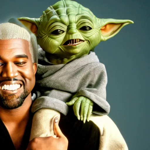 Image similar to kanye west smiling and holding yoda yoda for a 1 9 9 0 s sitcom tv show, studio photograph, portrait