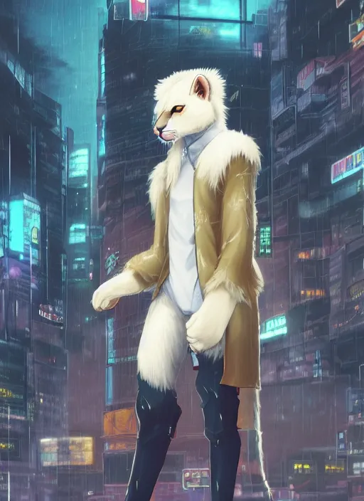 Image similar to character portrait of a male anthro albino mountain lion fursona with a cute beautiful attractive furry face wearing stylish clothes in a cyberpunk city at night while it rains. hidari, color page, tankoban, 4K, tone mapping, Akihiko Yoshida.