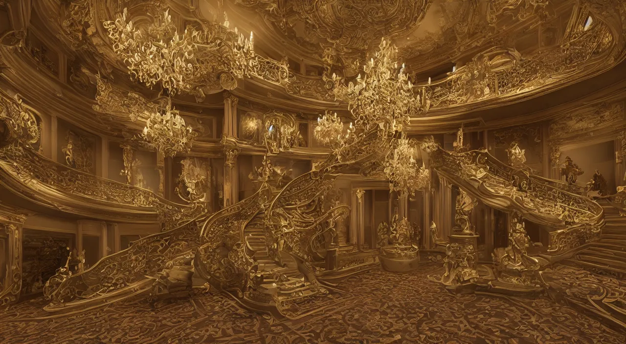 Prompt: a view of the inside of a mansion with a grand staircase in the center, intricate, elegant, highly detailed, ornate, beautifully lit, ray traced, octane render
