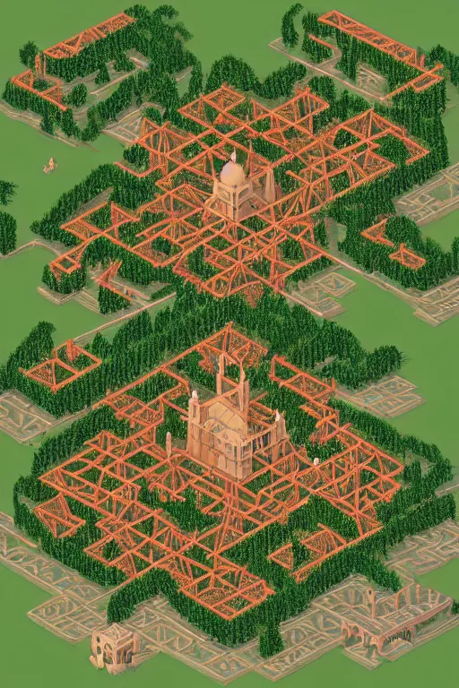 Prompt: isometric map of a huge spooky hedge maze with a gazebo at the center infographic by craig mullins, thomas kinkade and frank lloyd wright