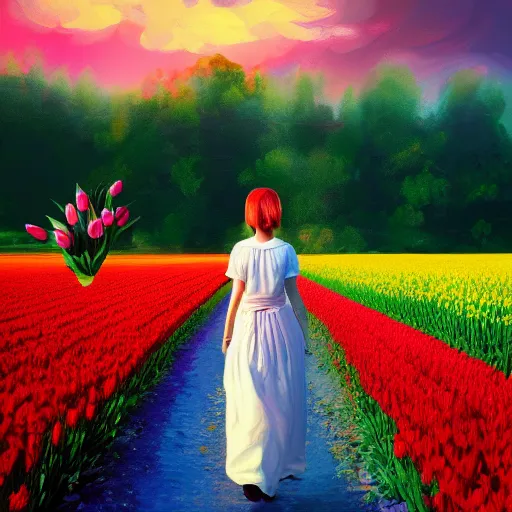 Image similar to large tulip as a head, girl walking in a flower field, surreal photography, sunrise dramatic light, impressionist painting, colorful clouds, digital painting, artstation, simon stalenhag