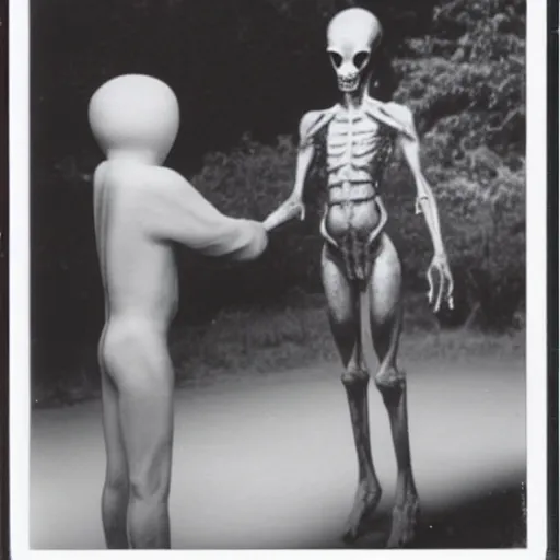 Prompt: a black and white polaroid photo of an alien meeting a human