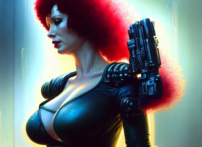 Image similar to wideangle shot of christina hendricks in cyberpunk 2 0 7 7, intricate, elegant, highly detailed, centered, digital painting, artstation, concept art, smooth, sharp focus, illustration, artgerm, tomasz alen kopera, peter mohrbacher, donato giancola, joseph christian leyendecker, wlop, boris vallejo