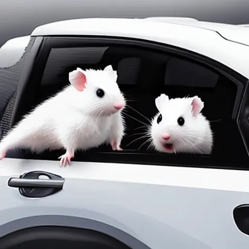 Prompt: white hamster piloting a qashqai with open windows