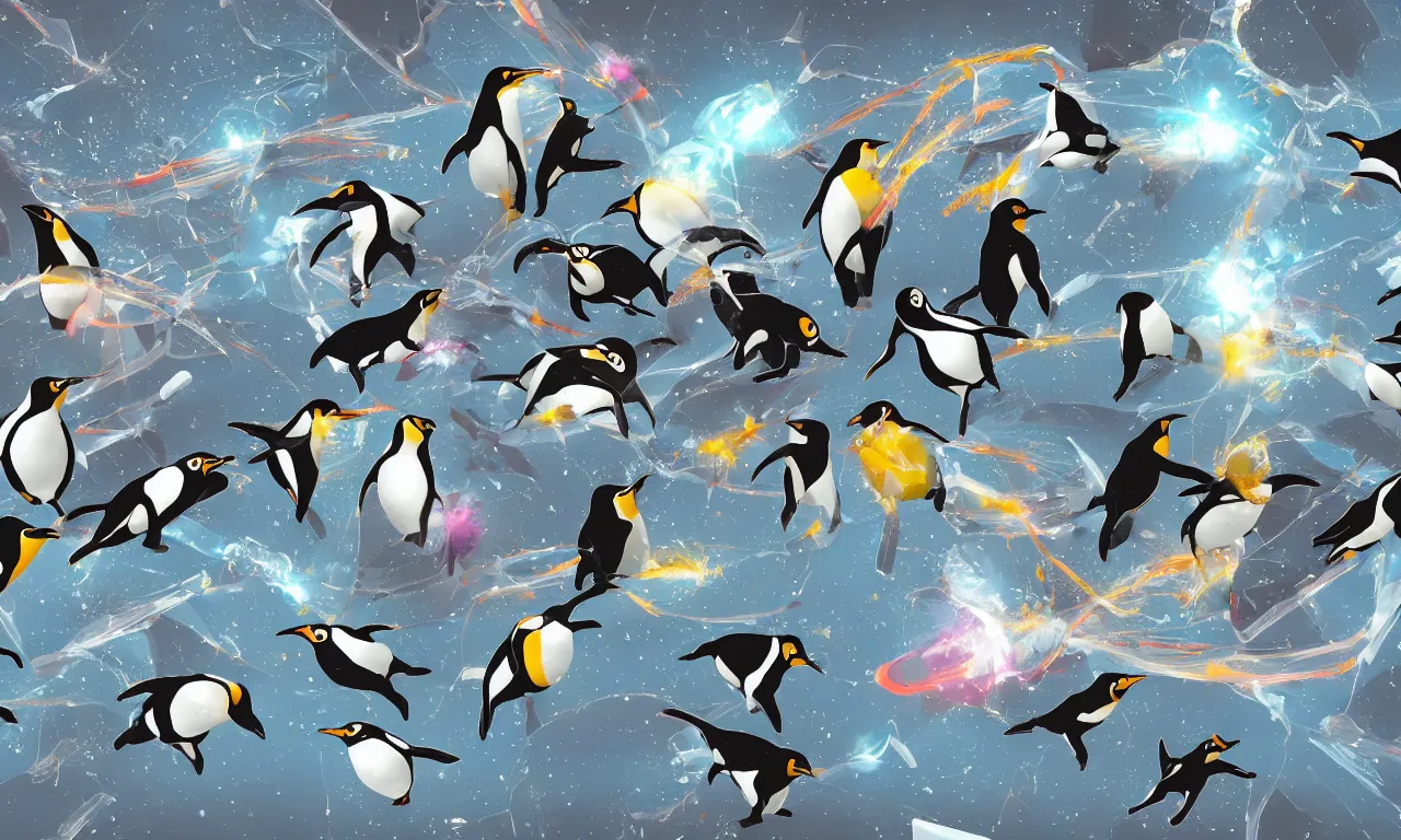 Image similar to penguins ripping space, rocks and scissors and interconnected high speed rails, digital art, 3 d illustration, transparent backround
