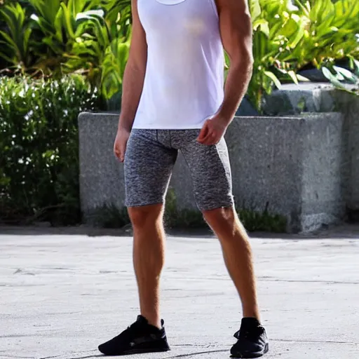 Image similar to rich young man, 3 2 years old, with short stubble, white colored hair, muscles, traning tank top, silver short leggings, showing biceps