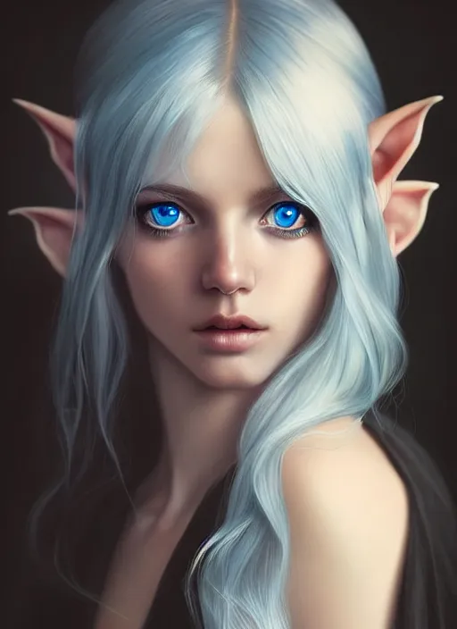 Prompt: a beautiful portrait, black background, gorgeous fantasy elf. professionally retouched, soft lighting, realistic, smooth face, gorgeous blue eyes, long white hair, cute ears, wide angle, sharp focus on the eyes, 8 k high definition, insanely detailed, intricate, elegant, gorgeous, art by artgerm and wlop