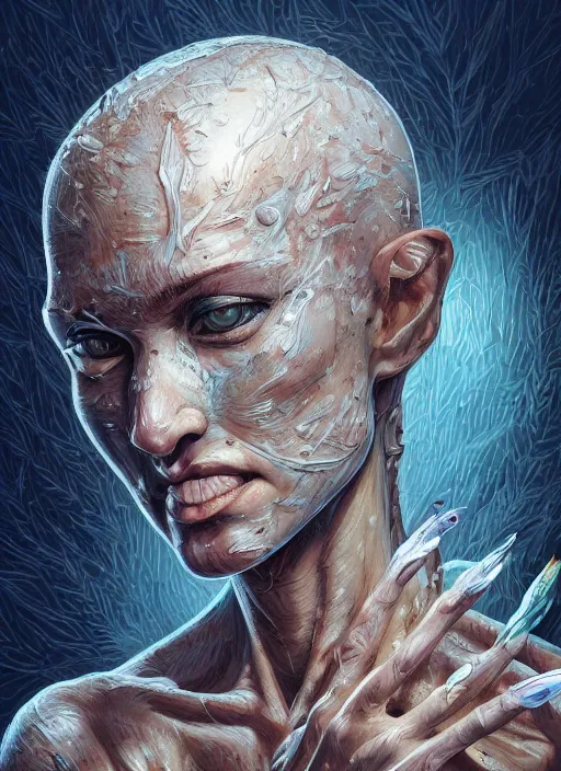 Image similar to a stupid head with highly detailed realistic diged nails, pain, light effect, hyper detailed, intricate, elegant, highly detailed, digital painting, artstation, concept art, matte, sharp focus, illustration, by dan mumford, yusuke murata, makoto shinkai, ross tran