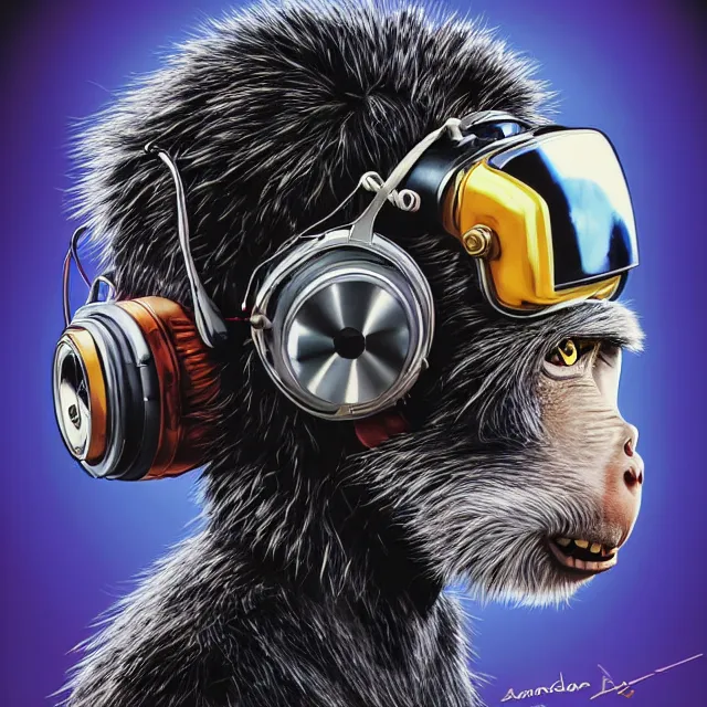 Prompt: a portrait of an anthropomorphic cyberpunk baboon in a crash helmet by sandra chevrier, detailed render, tape deck, boombox, headphones, epic composition, cybernetics, 4 k realistic, cryengine, realistic shaded lighting, sharp focus, masterpiece, by matteo scalera, gary montalbano, peter elson in the style of the tokyo ghost comic