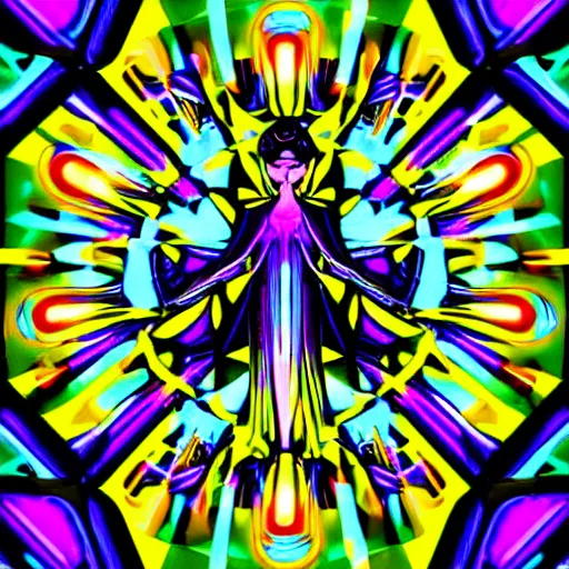 Prompt: neon angelic beings dancing across a techno song visualised, vibrant, dynamic, kaleidoscopic, rhythmic, ecstatic, neon lighting, geometric, fine lines, art nouveau, volumetric lighting, cinematic composition, clean, vector art, minimal,