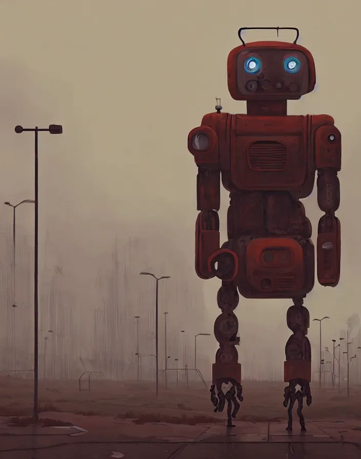 Image similar to giant rusty robot looking at a human, overcast, sci - fi digital painting by simon stalenhag