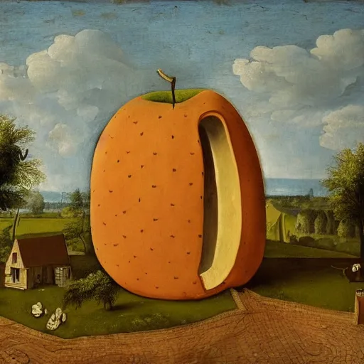 Prompt: house in a giant apple in the style of Arent Arentsz (1585–1631), Dutch landscape painter