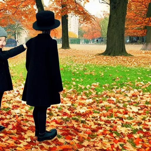 Image similar to a thin man in a black coat and bowler hat talks with small young girl who is dressed in a red coat and a red hat, park, autumn, 1923, wide angle, high detail, By Makoto Shinkai, Stanley Artgerm Lau, WLOP, Rossdraws, James Jean, Andrei Riabovitchev, Marc Simonetti, krenz cushart, Sakimichan, D&D trending on ArtStation, digital art, width 768