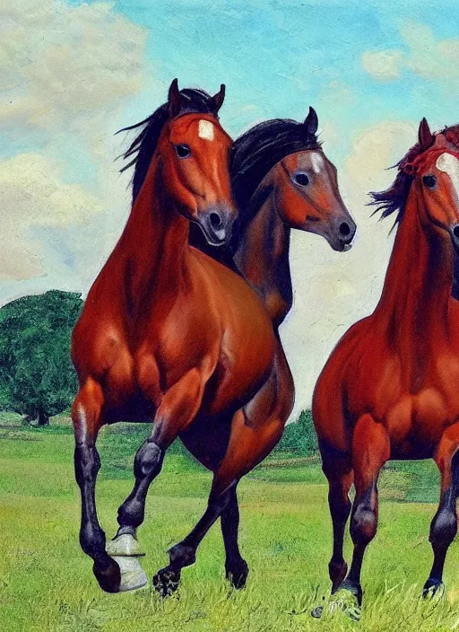 Image similar to three horses running in a field, by ansin martin