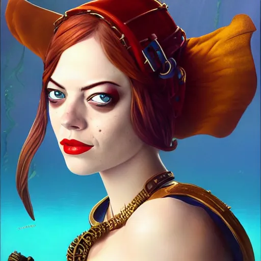 Image similar to underwater steampunk pirate portrait of emma stone, pixar style, by tristan eaton stanley artgerm and tom bagshaw.