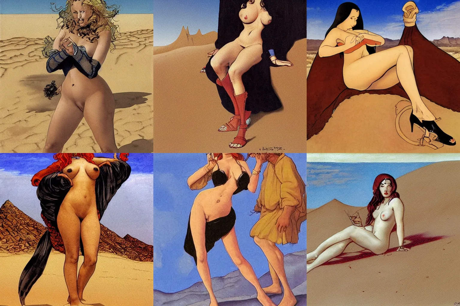 Prompt: somewhere in sands of the desert a shape is moving its slow thighs. painting by diego velazquez and milo manara.