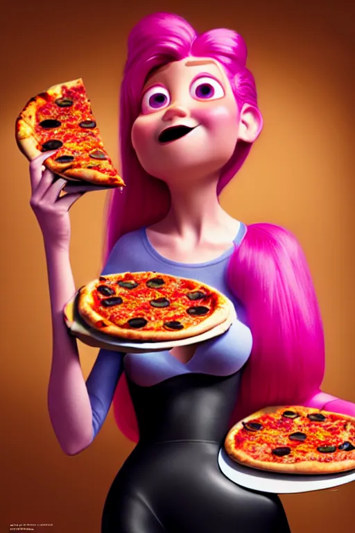 Image similar to pixar man with pink hair eating pizza | glamorous oily soft polished rich ornate modern | weta disney pixar movie still photo | hi - fructose, sci fi fantasy, smooth, octane render, sharp focus, artstation, concept art | artgerm, mucha, rutkowski, feng zhu, wlop, loish