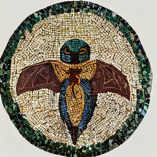 Image similar to medium shot Mosaic depicting a cute realistic pet bat looking left, from Italica, AD 176-275. Archaeological Museum, Seville. Byzantine mosaics, highly detailed, HQ, HD, beautiful, National Geographic,