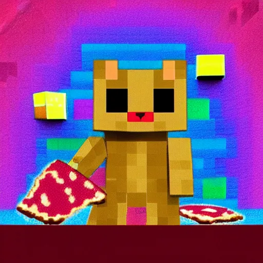 Prompt: a Minecraft cat if it were the fluffiest cutest little block kitty to ever exist ever in the history of the known universe and holding a slice of delicious pepperoni pizza while floating through the cosmos with a cosmic rainbow trail billowing behind it mimicking the early internet meme Nyan cat