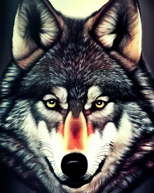 Image similar to realistic paining of a wolf, psychedelic, dark art, facing camera, photo realistic, detailed, 1 4 5 0, delicate, hyper realism, ultra realistic, 8 k