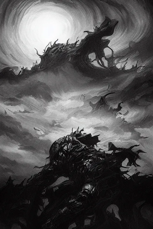 Prompt: in the black storm, a giant colossus, on a darkling plain, drawn by nicholas delort!! graphic black and white, low camera, wide angle, centered composition, golden ratio