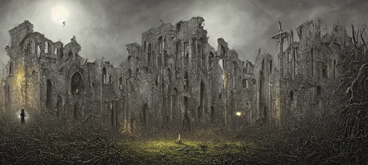 Image similar to Detail on scene, where terrified priest with tormented eyes is aiming the crucifix at grey ugly Alien, in a darkened room of a ruined castle, a dark, menacing atmosphere, horror,the essence of evil, in the style of Lee Madgwick