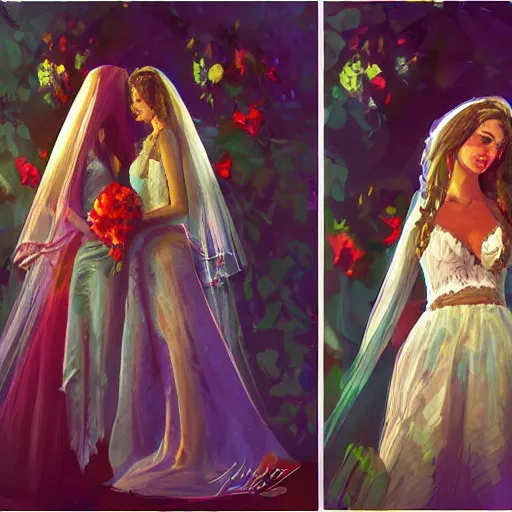 Prompt: wedding in 1 9 7 0 hippie fashion, digital painting, ultradetailed, artstation, oil painting, ultradetailed, artstation