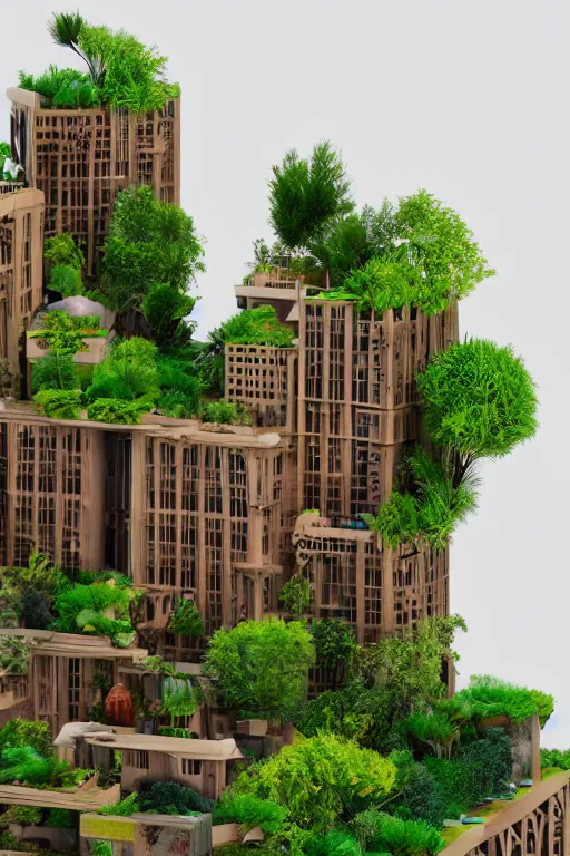 Image similar to 3 d printed physical model organic flowy including more than one city into one vertical building model that sits on a table in a room with a view back, multiple stories, wooden, with vegetation, colorful, eye - level view, 8 0 k, octane render, highly detailed 3 d render,