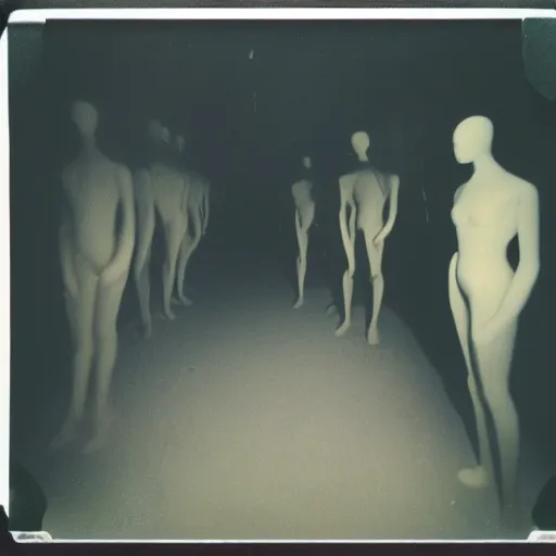 Prompt: dark room filled with shadowy mannequins, horror, nightmare, terrifying, surreal, nightmare fuel, old polaroid, blurry, expired film, lost footage, found footage,