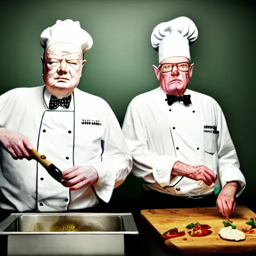 Prompt: Winston Churchill and Walter White cooking in a kitchen, high detail, colors,85mm Sigma Art Lens, in the style of Martin Schoeller