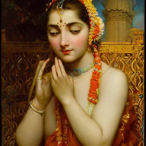 Image similar to detailed portrait of hindu traditional girl with high - tech vr headset in baroque painting, girl graceful, eyes closed, painting by gaston bussiere, craig mullins, j. c. leyendecker, lights, art by ernst haeckel, john william godward, hammershøi,,