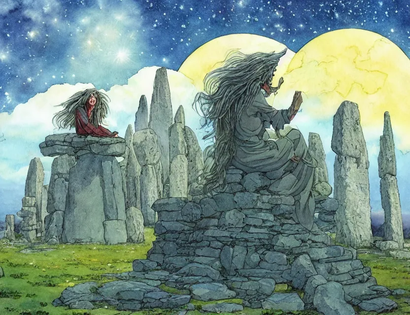 Image similar to a hyperrealist studio ghibli watercolor fantasy concept art of a giant long haired grey witch in lotus position sitting on top of stonehenge with a starry sky in the background. a ufo is in the sky. by rebecca guay, michael kaluta, charles vess