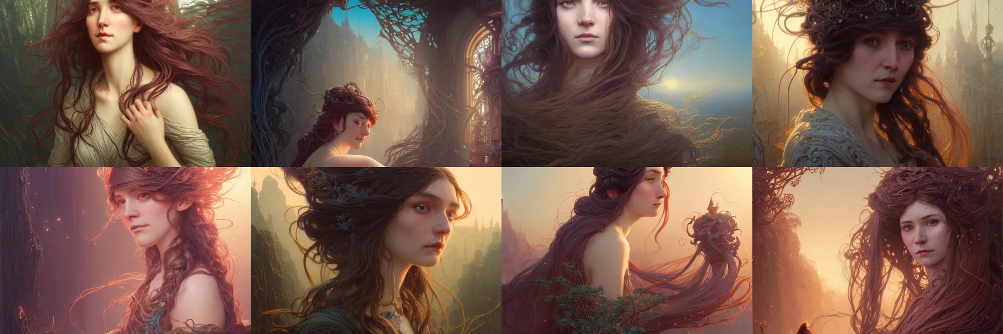 Image similar to highly detailed portrait of a woman with long hairs, stephen bliss, unreal engine, fantasy art by greg rutkowski, art nouveau, loish, rhads, ferdinand knab, makoto shinkai and lois van baarle, ilya kuvshinov, rossdraws, tom bagshaw, alphonse mucha, global illumination, radiant light, detailed and intricate environment