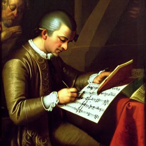 Prompt: a renaissance painting of mozart writting a piece of music on a sheet. He is staring at the sheet with one hand on his head.